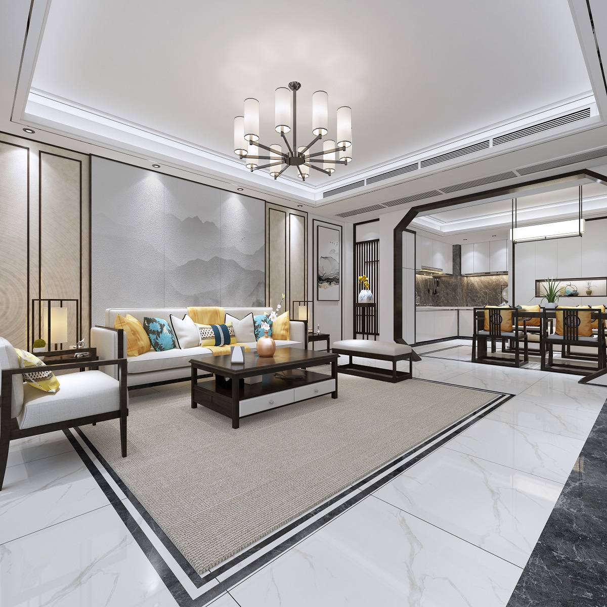 佛山市綠城桂語映月新中式風格三居室裝修案例